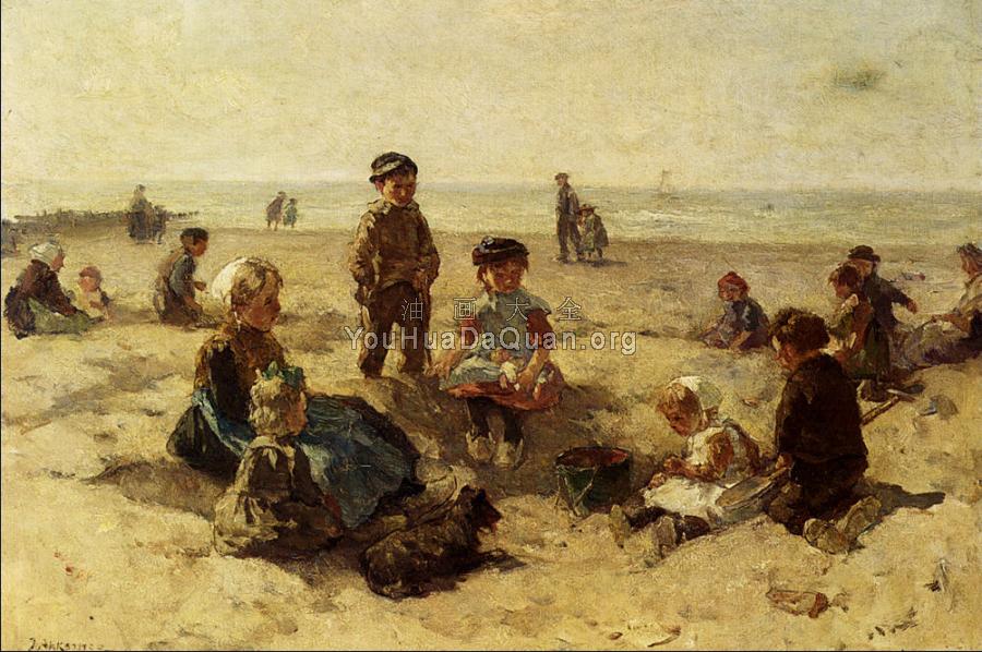 在海滩上玩耍的孩子们 - 约翰内斯·埃弗特·艾克林格